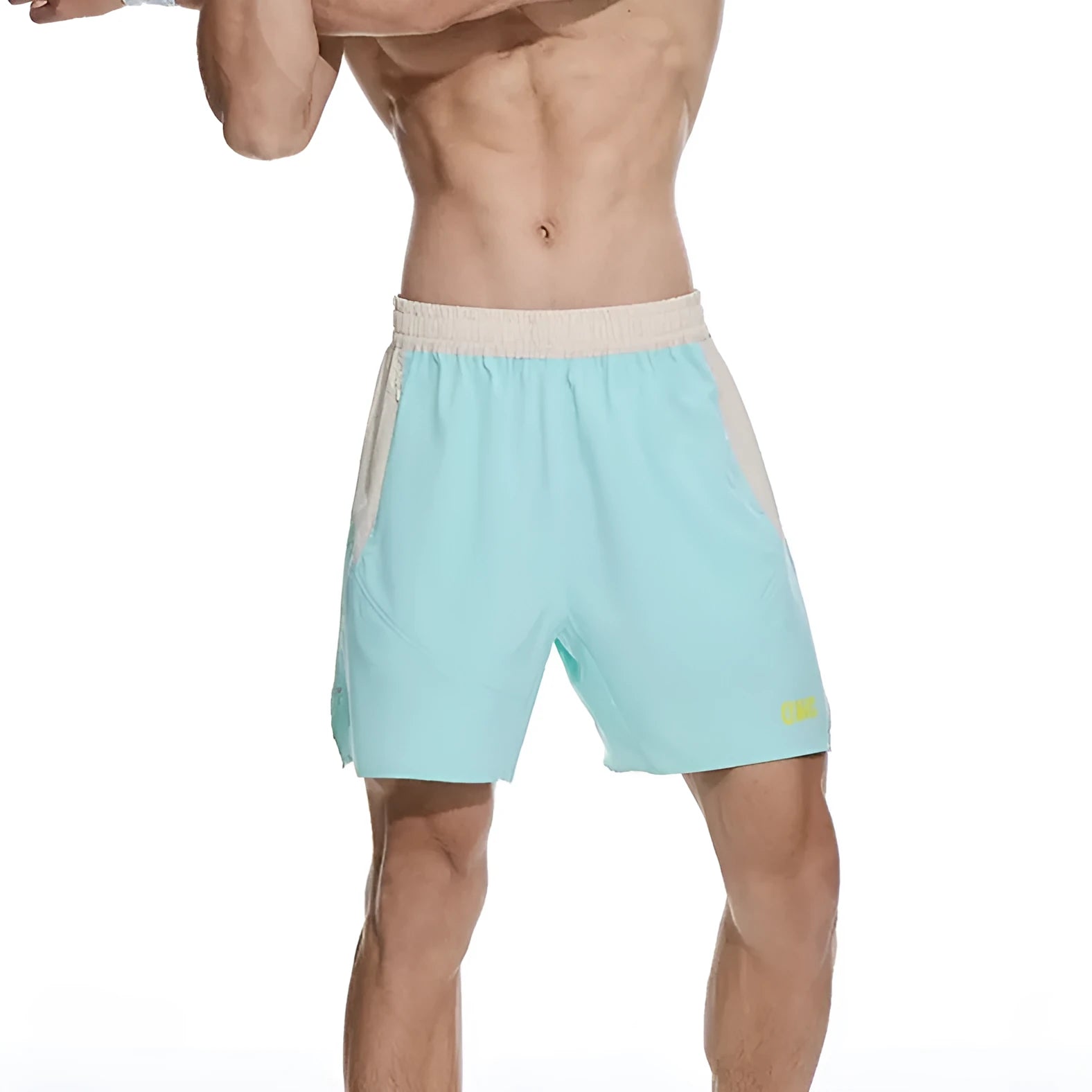 Men's loose dark grey workout shorts with a white lace-up fly front on a neutral background.
