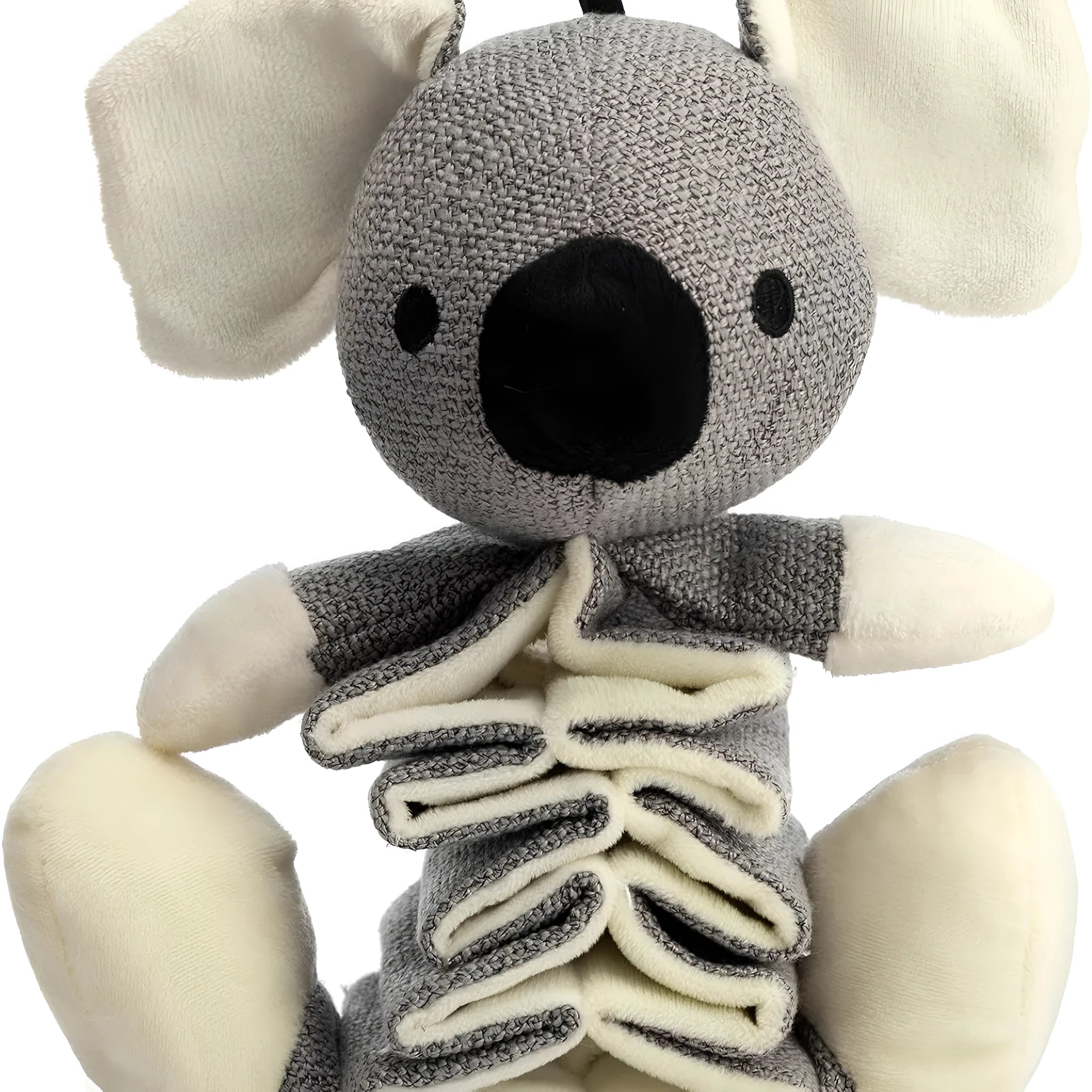 Grey koala dog toy with squeaky and crinkle paper sounds, measuring 30cm long