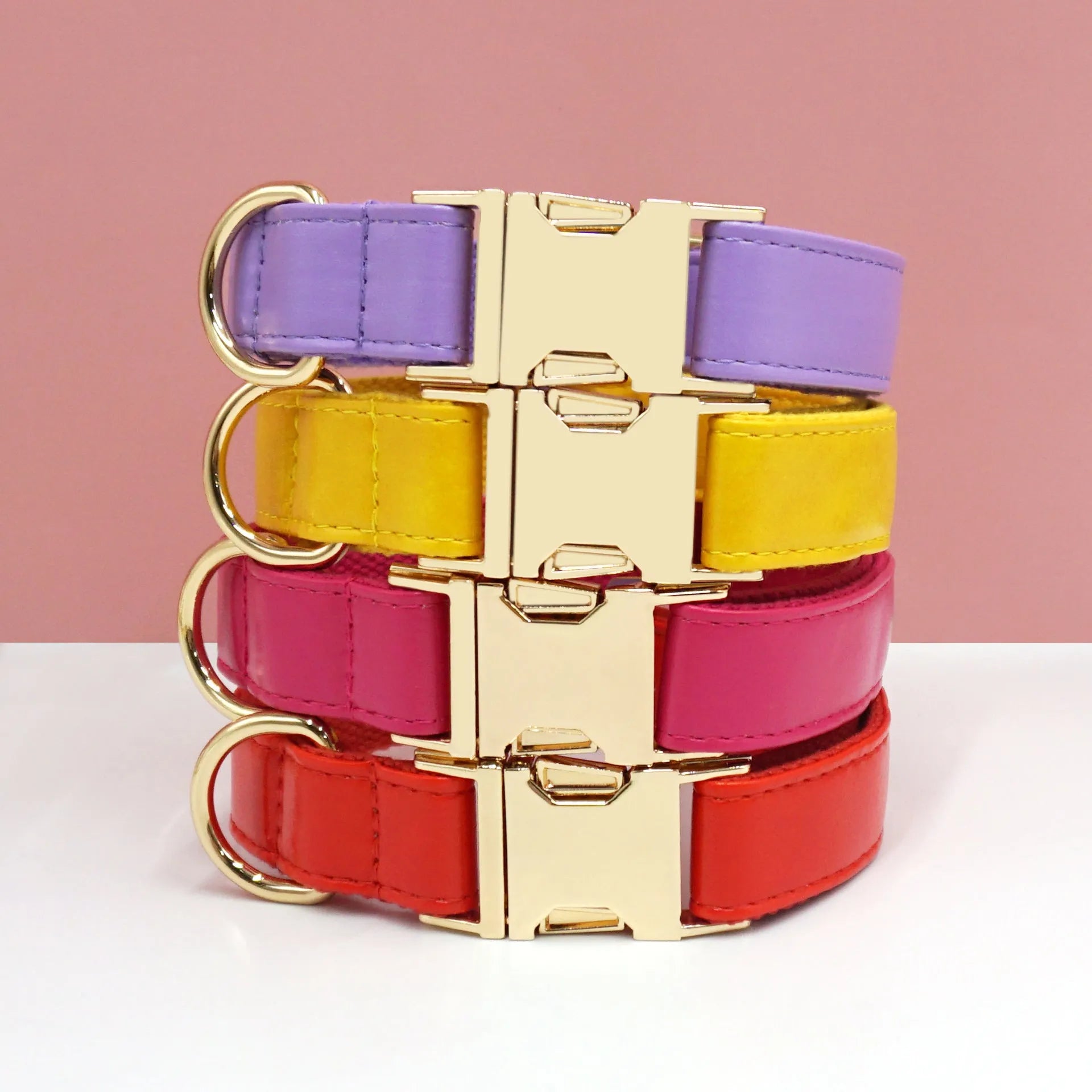 Simple colour block leather dog collar shown on a D-ring, available in multiple colours and sizes from XS to XL.