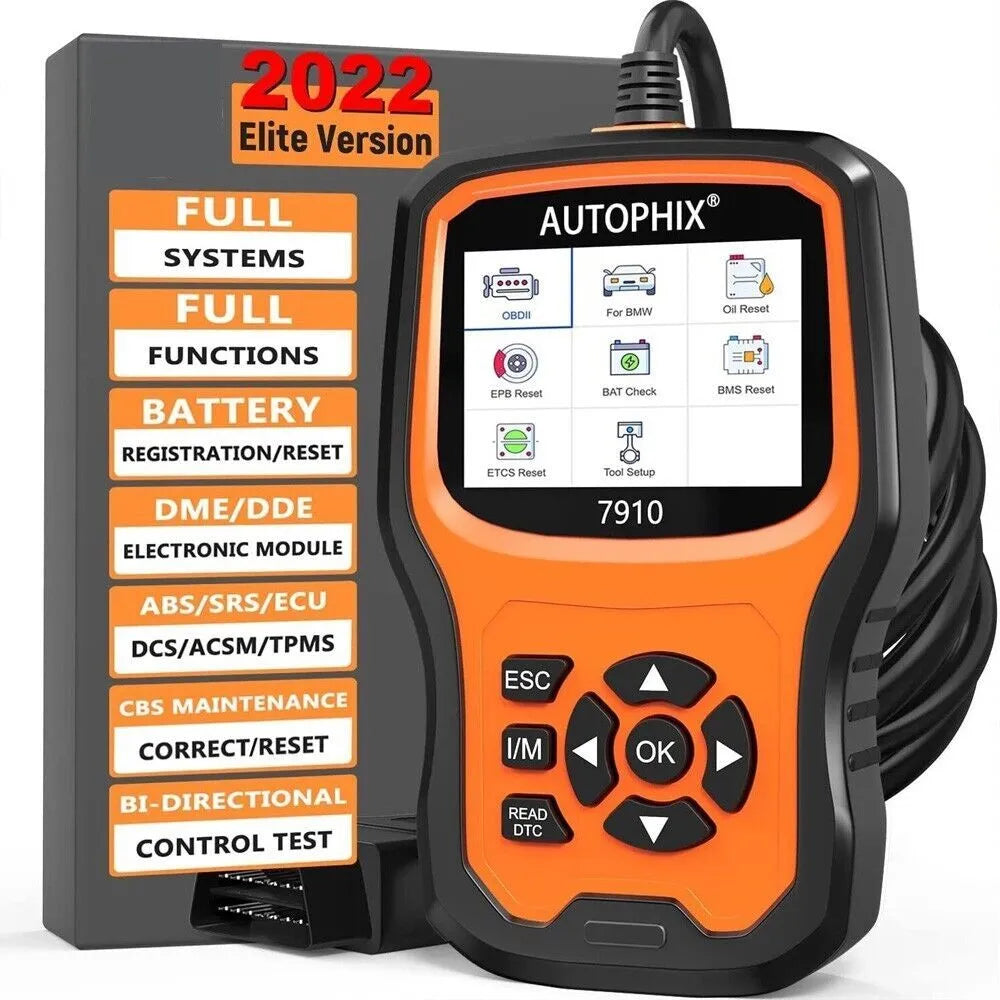 Autophix 7910 BMW diagnostic scanner OBD2 tool with display showing fault codes