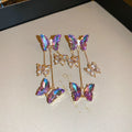 Silver needle blue purple butterfly tassel earrings with crystal flowers for women