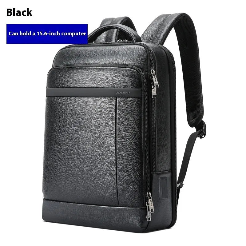 Black first-layer cowhide leather commuter backpack with USB interface and curved shoulder strap
