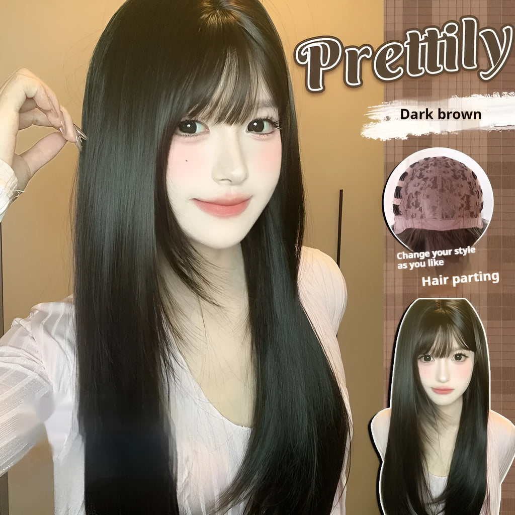 Dark brown long straight synthetic women's wig with bangs for round face shapes