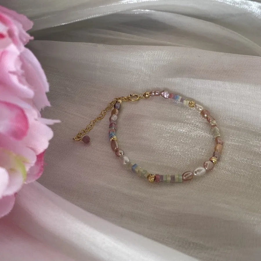 14K gilded purple natural pearl bracelet and necklace set with irregular mini pearls