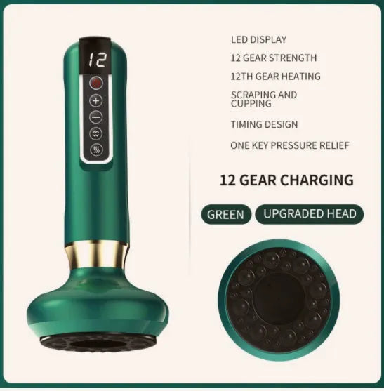 Green electric vacuum cupping massager with gua sha head on a white background.