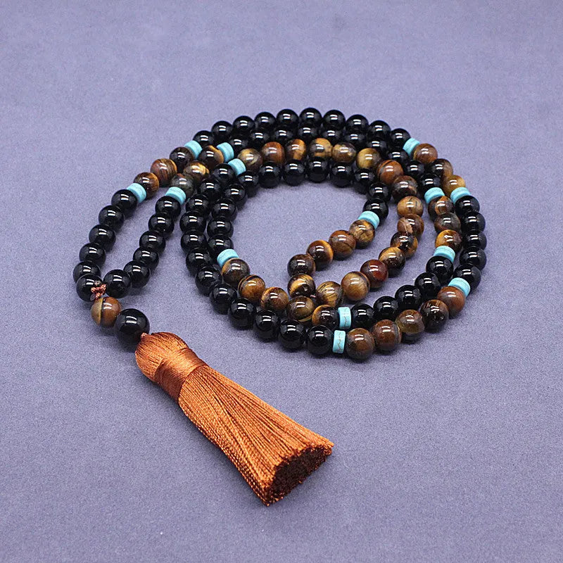 Natural agate and tiger's eye geometric bead jewellery set with necklace and bracelet