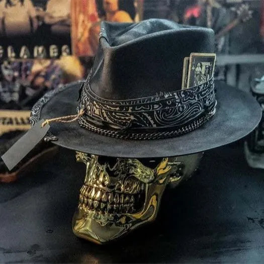 Handmade wool felt denim skull hat with conical crown and skull print design for Halloween costumes
