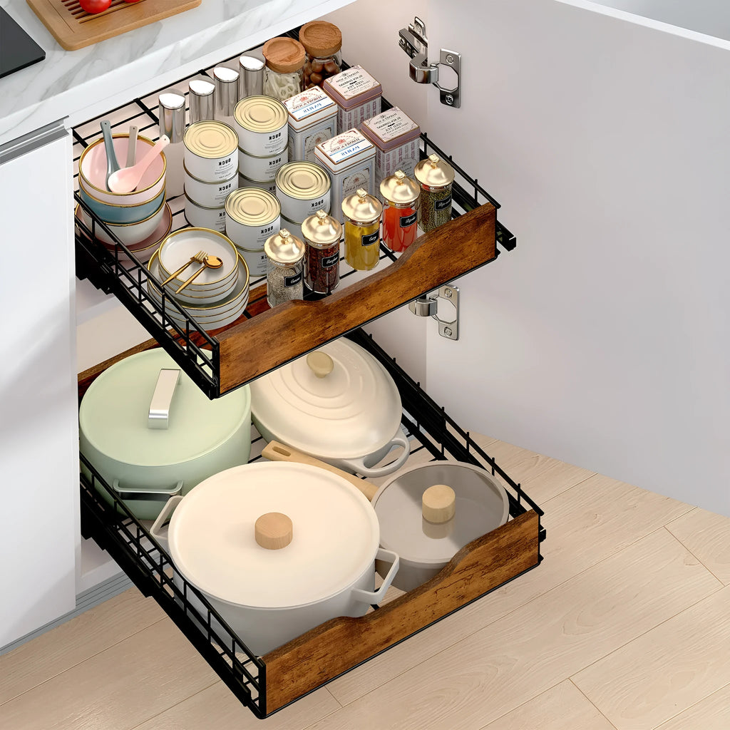 Black wooden and iron pull basket storage rack for modular home organisation.