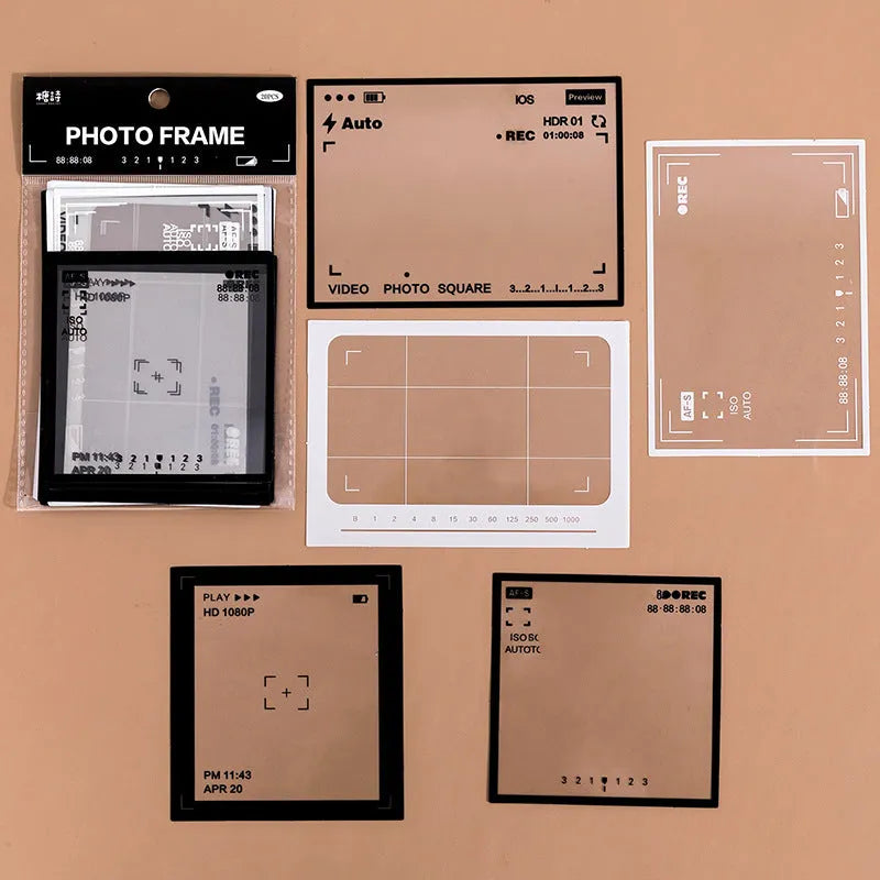 15 sheets of Frame Series retro decorative stickers with photography, film, magazine, music, social, and retro frame designs.