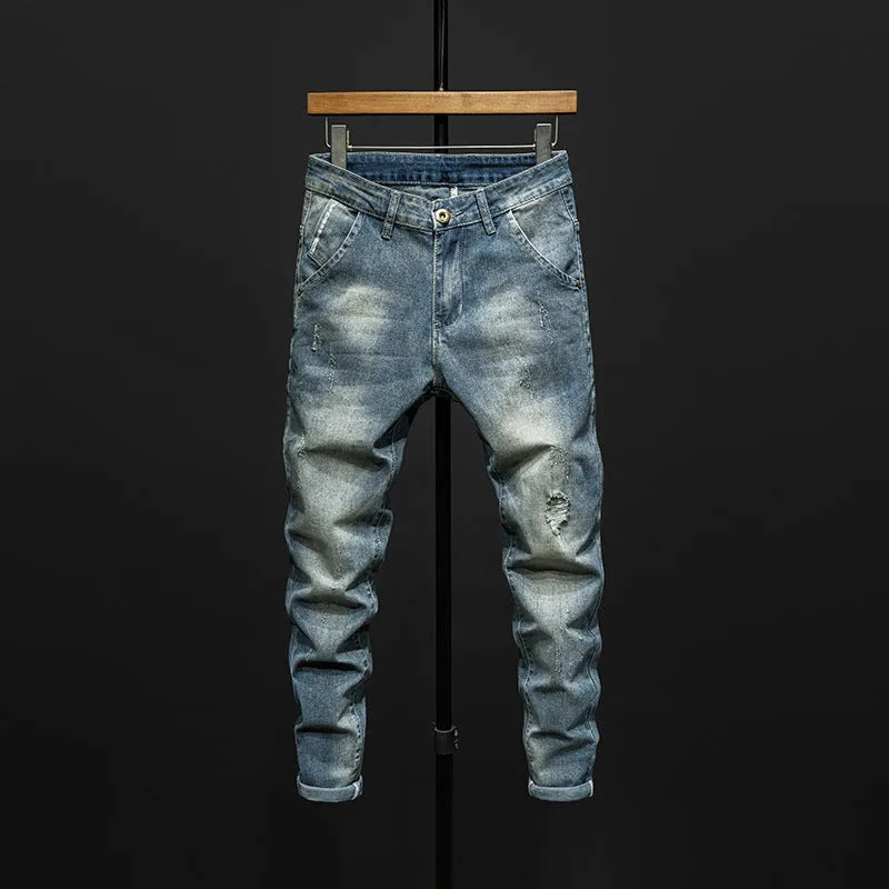 Men's slim-fitting skinny jeans in dark blue cotton denim with micro elasticity