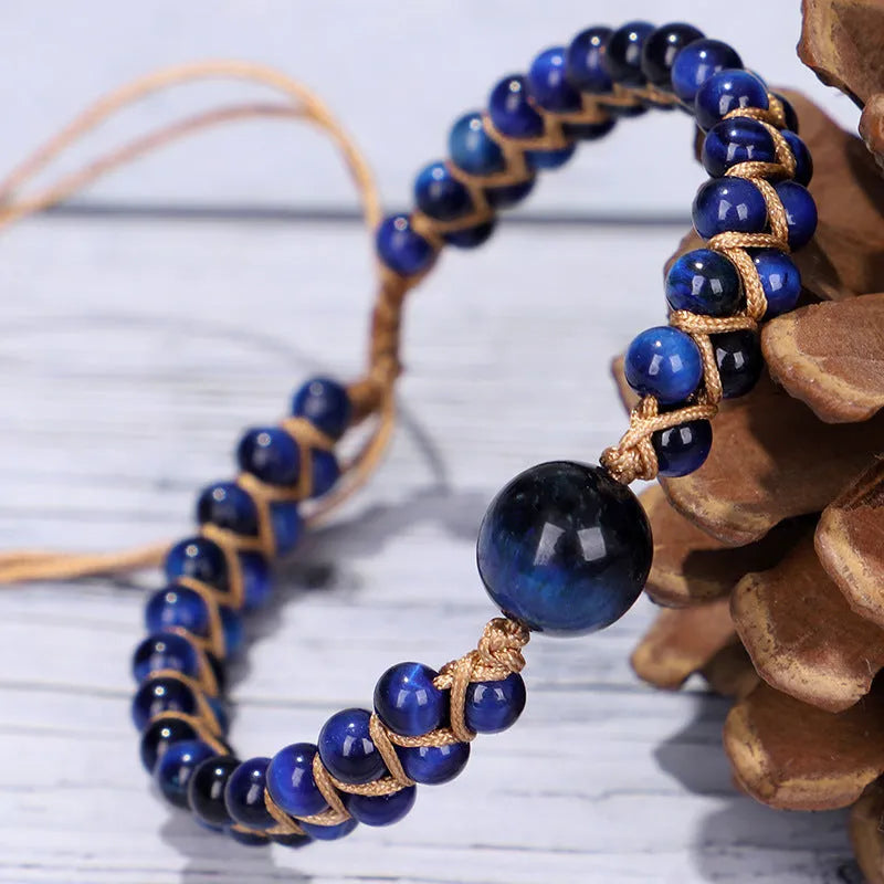 Handmade woven pull bracelet with geometric pattern and gemstone beads in blue Tigereye or Amethyst