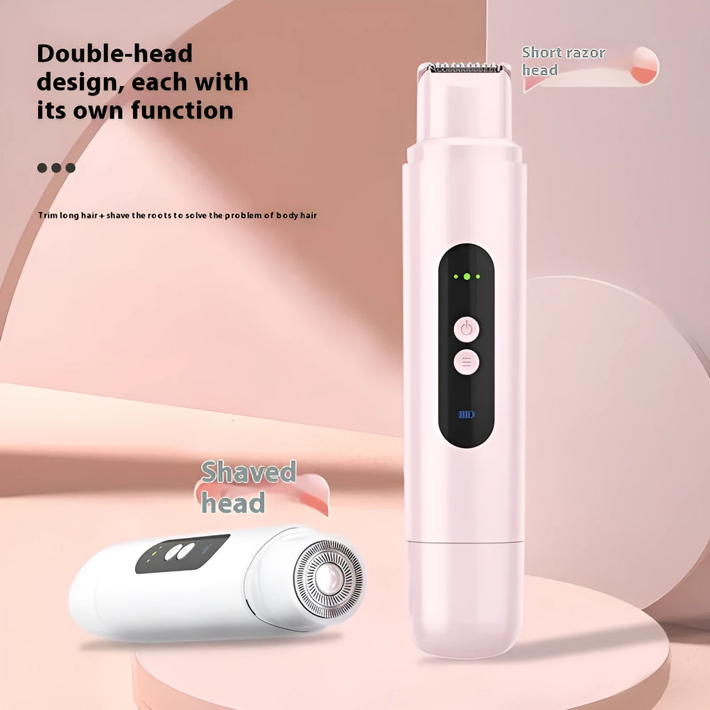 White or pink portable electric depilator with floating blade shaver head on a plain background.