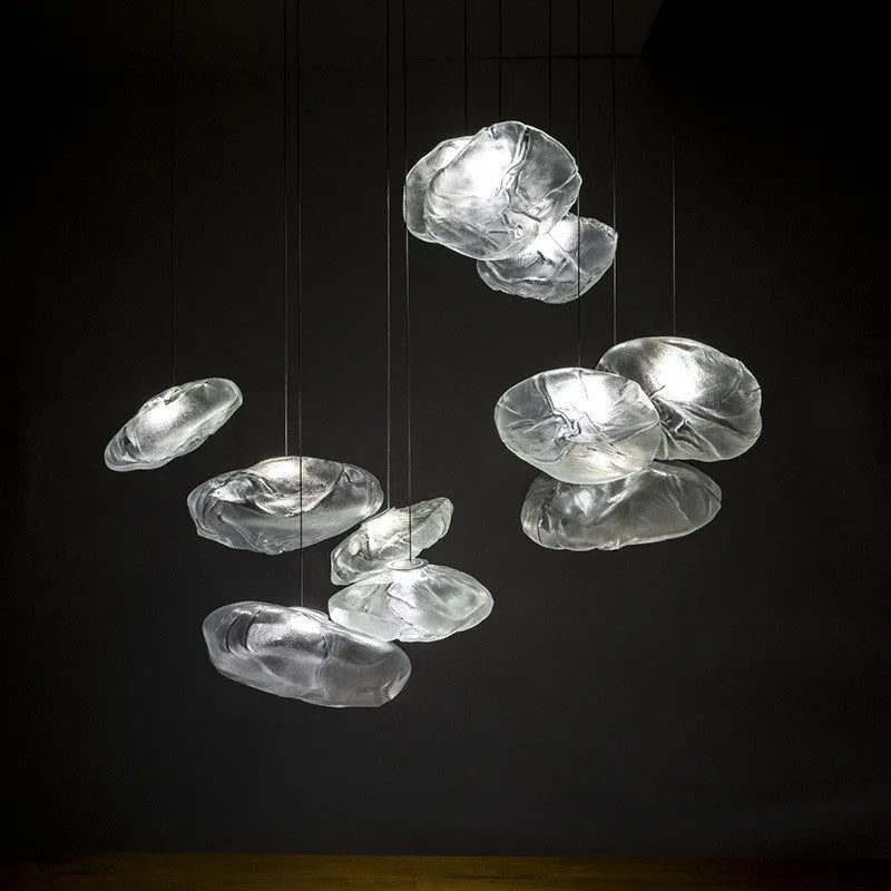 Modern glass chandelier with fabric accents in clear, amber or smoke grey colour options