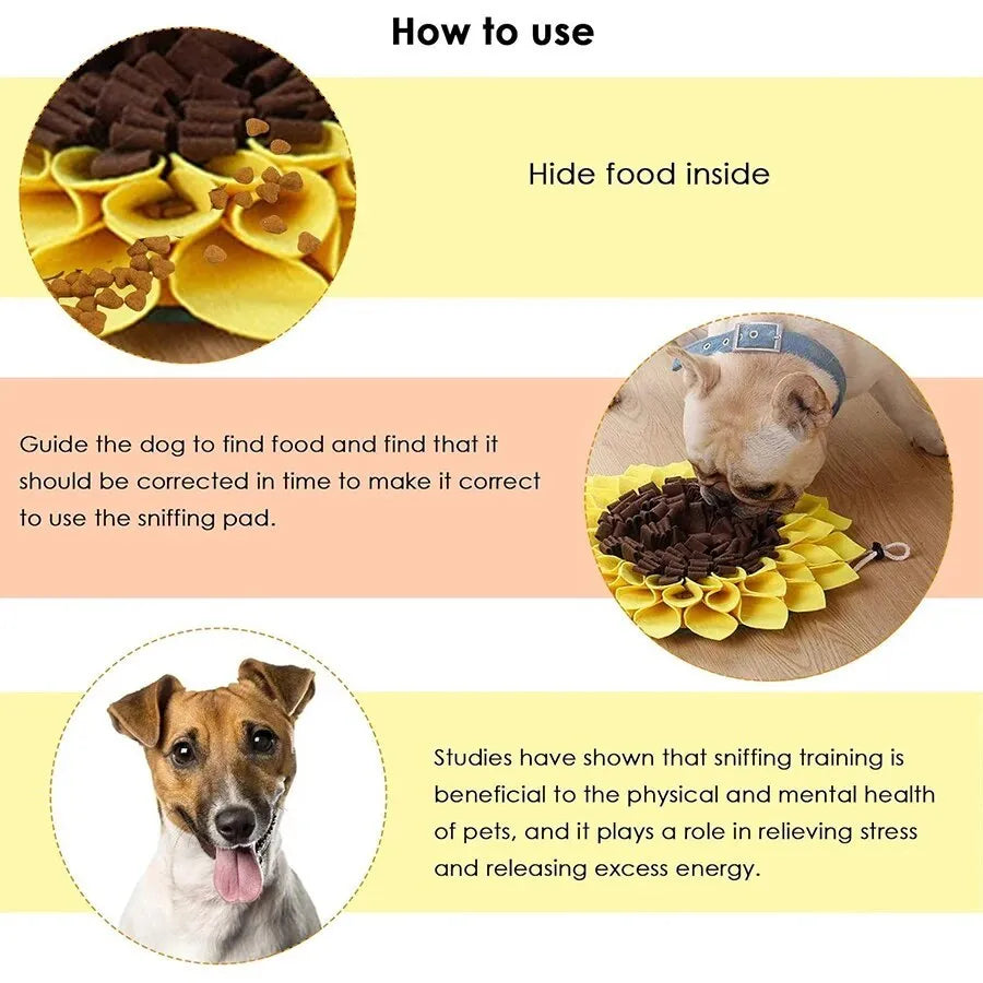Yellow sunflower-shaped dog snuffle mat with fleece texture and a buckle strap for non-slip use.