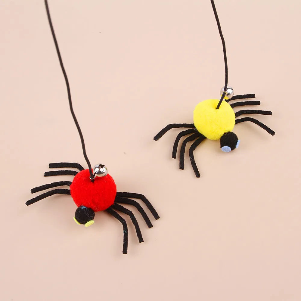 Hanging door cat toy with elastic rope, feather bell spider attachment in red colour