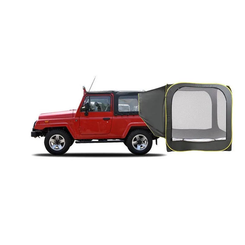 Black pop-up camping tent attached to car tail with quick-throw design and waterproof Oxford cloth