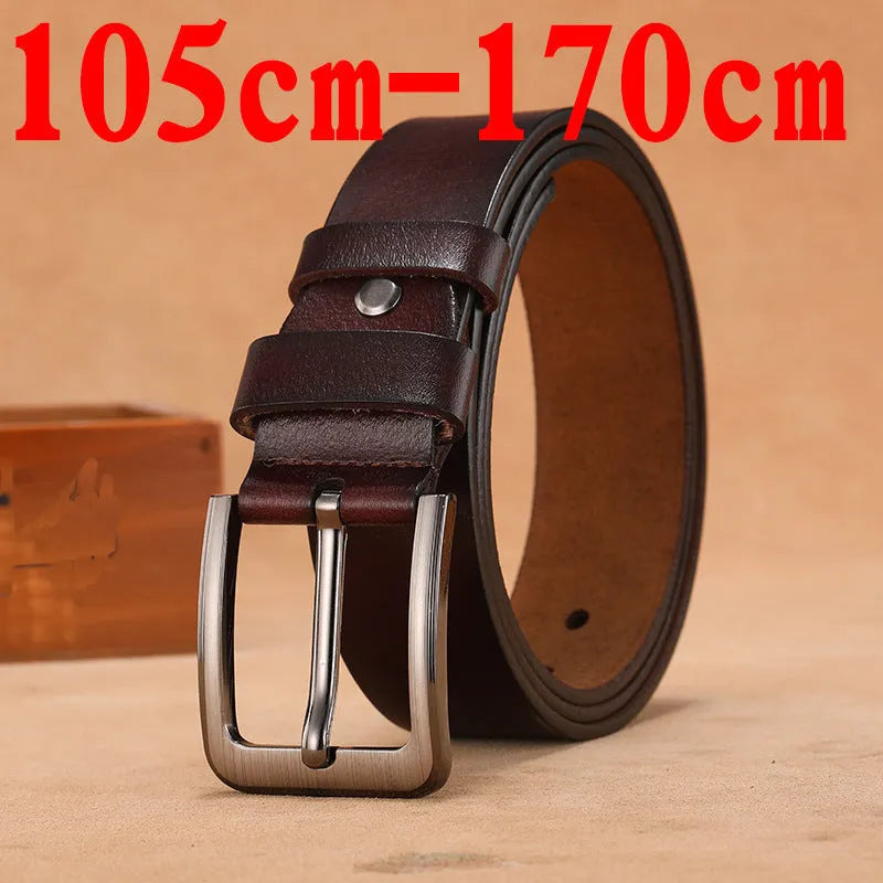 Men's black casual belt with a square silver alloy pin buckle, laid flat to show length.