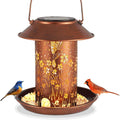Solar-powered iron bird feeder with hummingbird pattern and integrated garden light