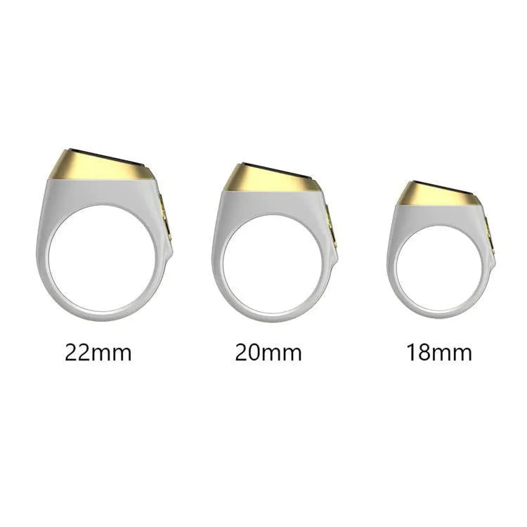 Silver smart ring with a small OLED display showing prayer count, next to its USB charging case.