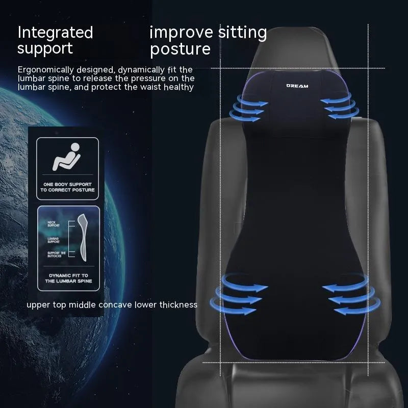 Black automotive memory foam cushion and lumbar support pillow set on a car seat.
