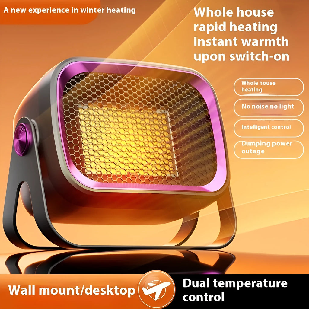 Compact grey PTC ceramic desktop heater with rotatable body on a wooden desk