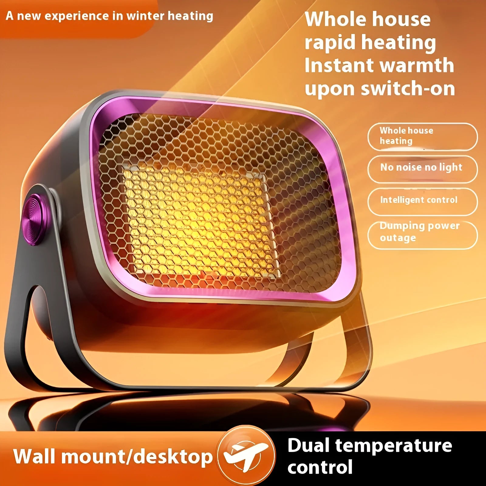 Compact grey PTC ceramic desktop heater with rotatable body on a wooden desk