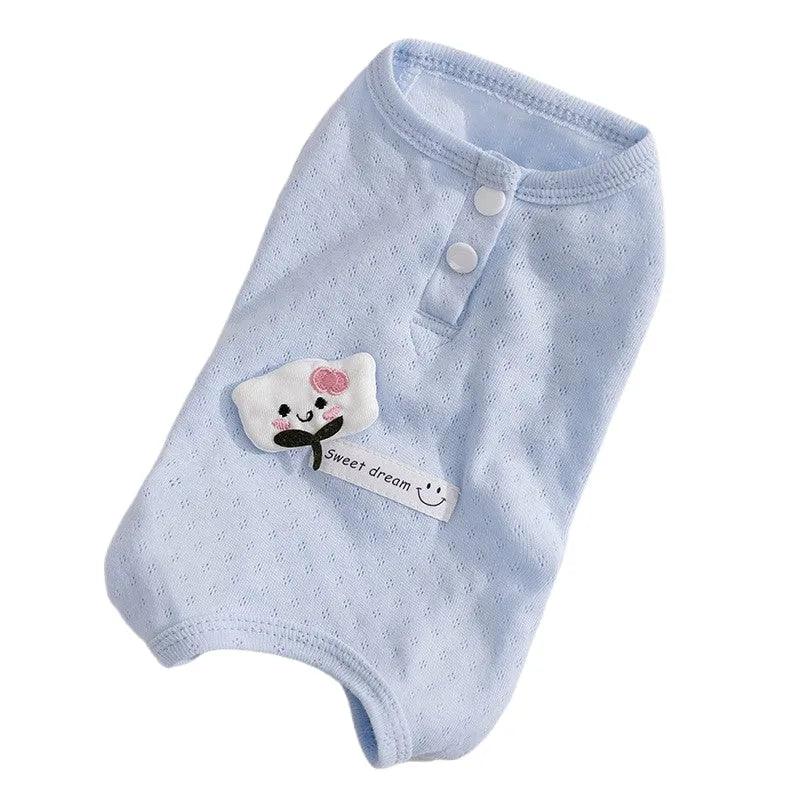 Breathable mesh pet shirt for small dogs and cats in blue or yellow with cat patch and button closure.