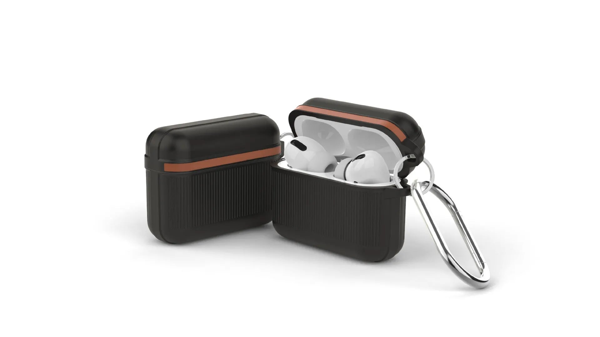 Beige silicone protective case with metal buckle for Apple AirPods charging case.
