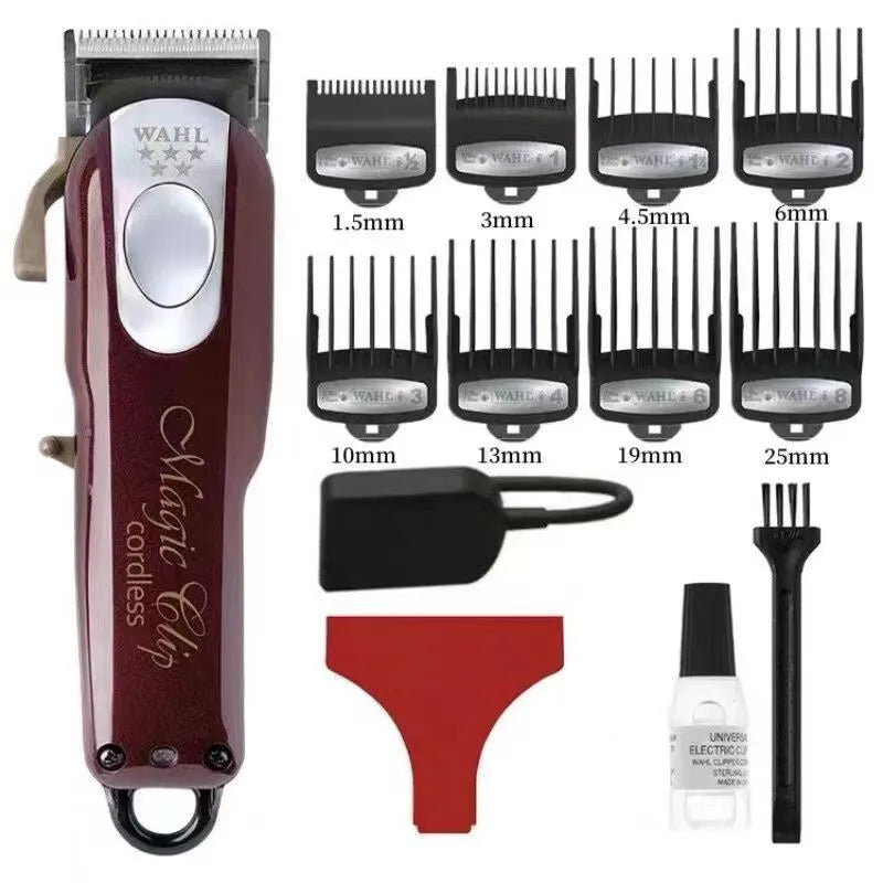 Charging cordless hair clippers with stainless steel cutter head on a stand, with UK, US and EU plug options.