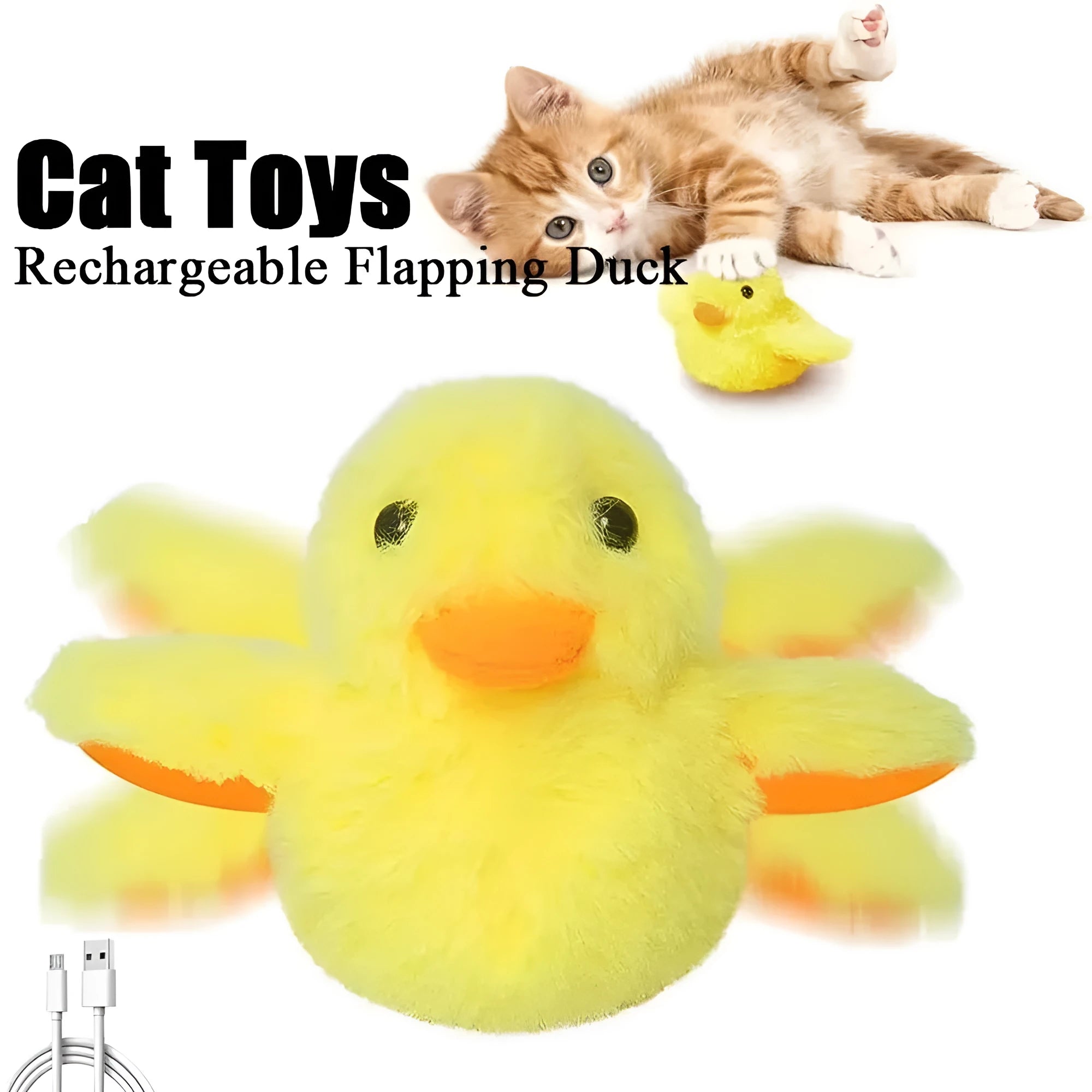 Yellow flapping duck plush cat toy with vibration sensor on a grey background.