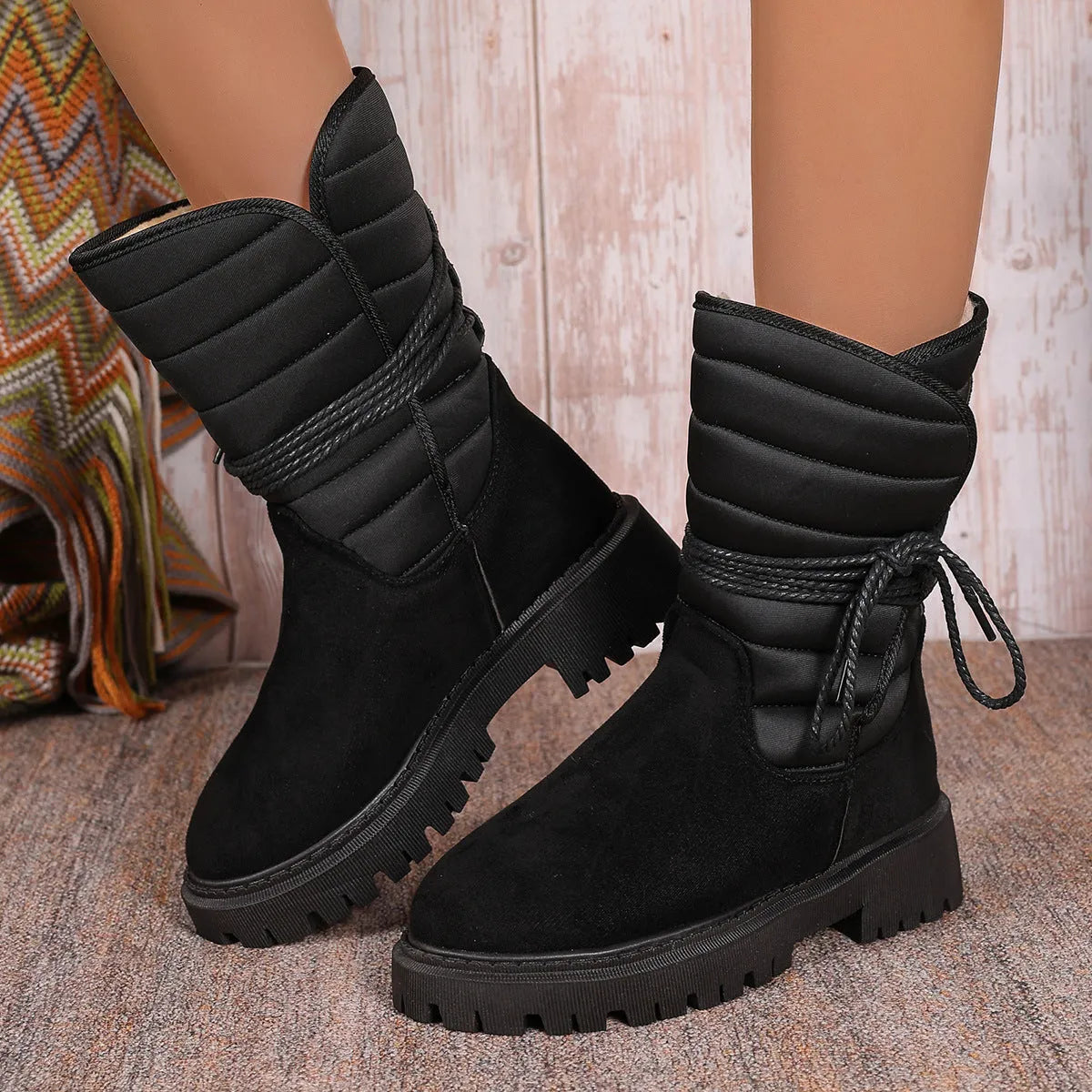 Women's black chunky heel mid-tube snow boots with lace-up design and fleece lining