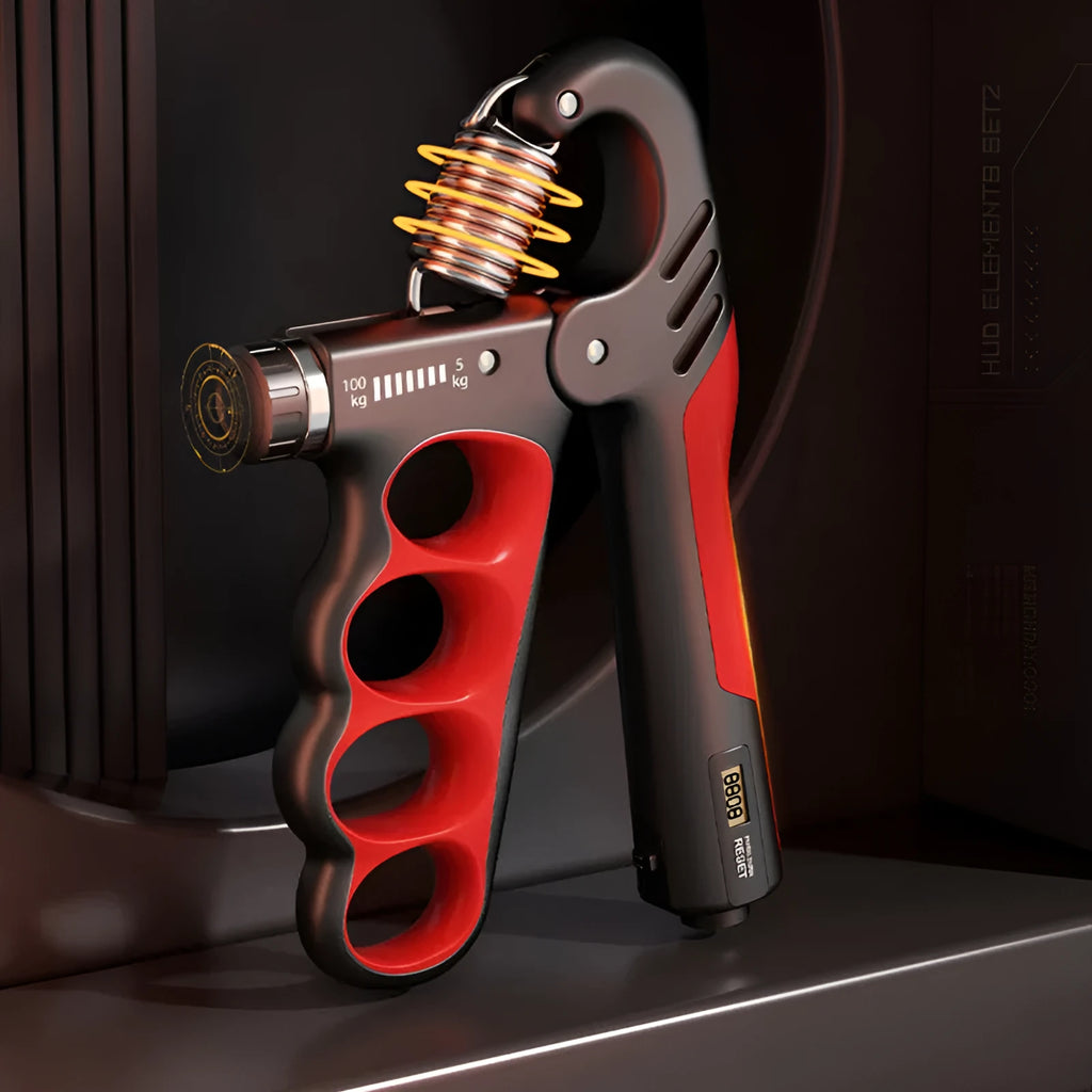 Adjustable electronic counter spring grip hand strengthener in grey, orange, or red.