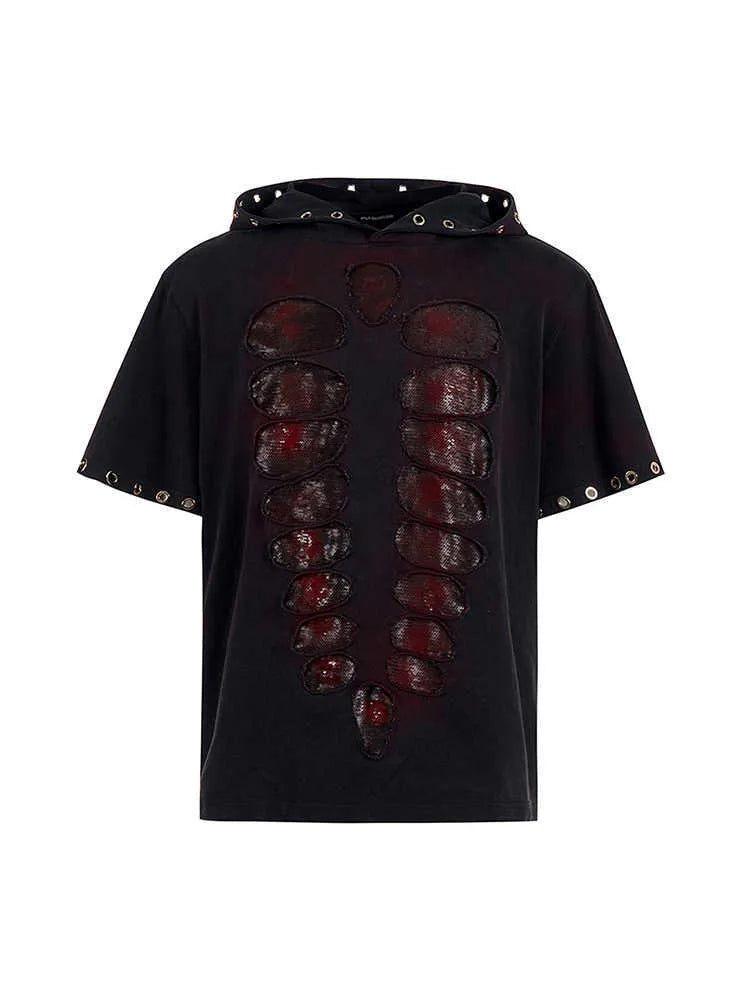 Black men's hooded short-sleeve T-shirt with sequin detailing, loose fit