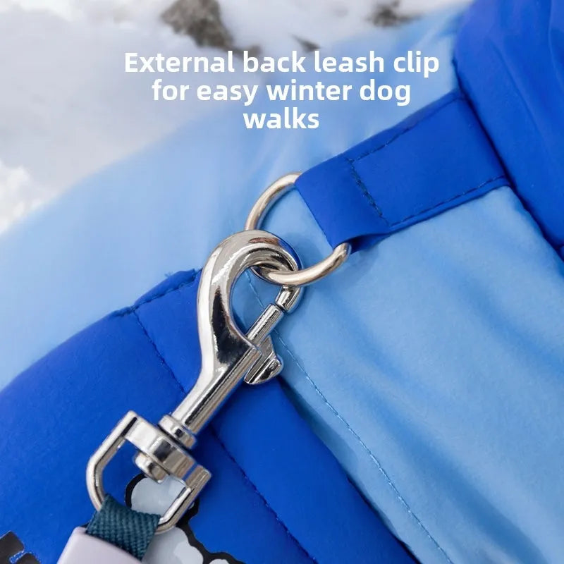 Blue padded dog snowsuit with hood, bear print pocket and metal leash ring for small dogs and cats