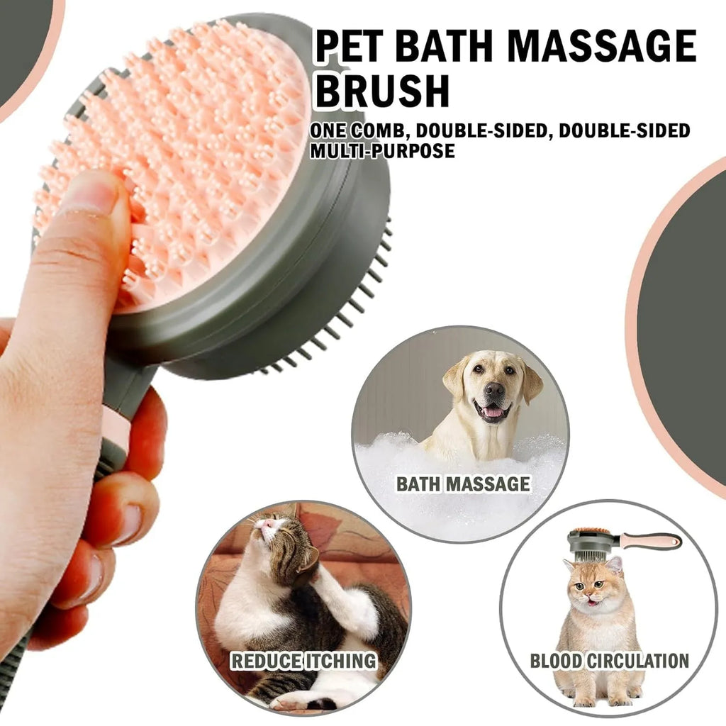Double-sided pink cat brush with release button and separate flea comb for pet grooming