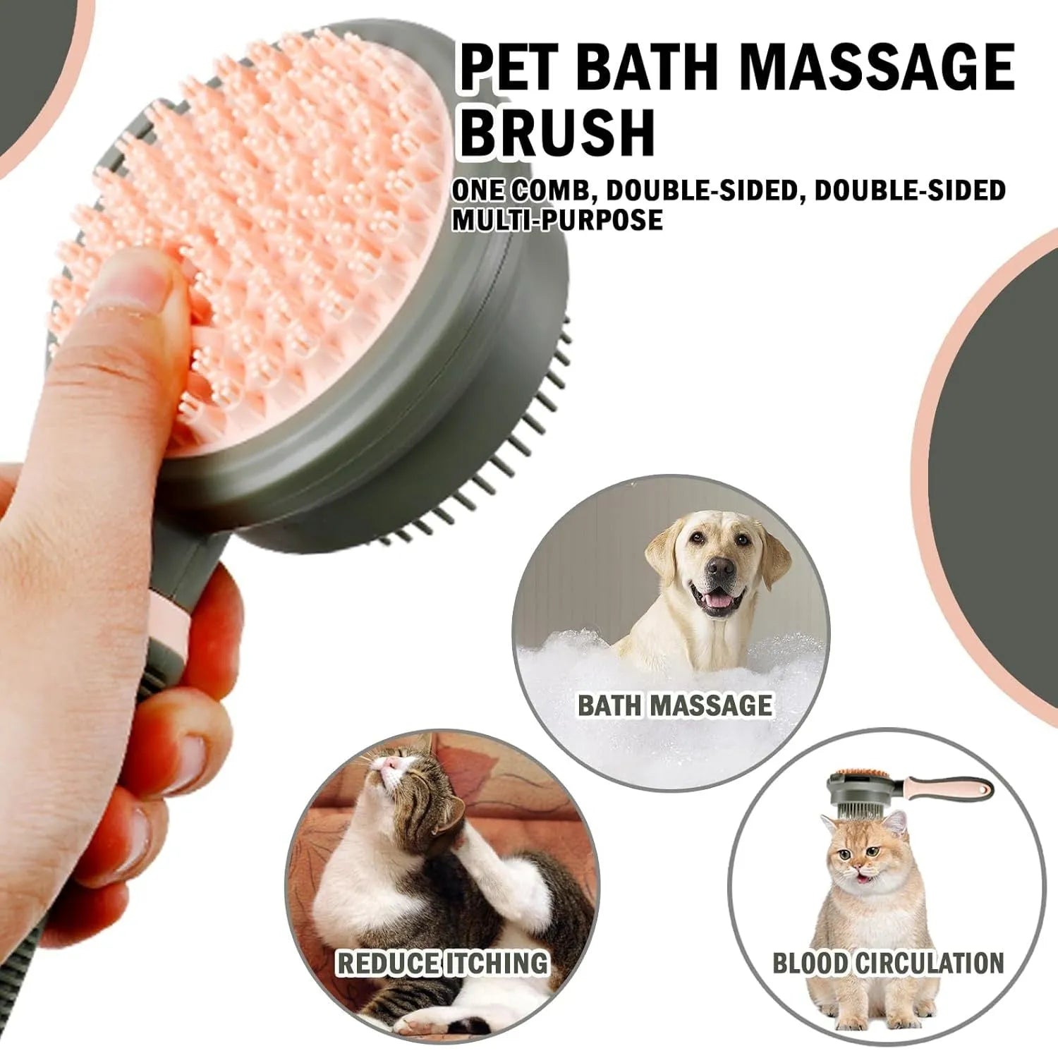 Double-sided pink cat brush with release button and separate flea comb for pet grooming
