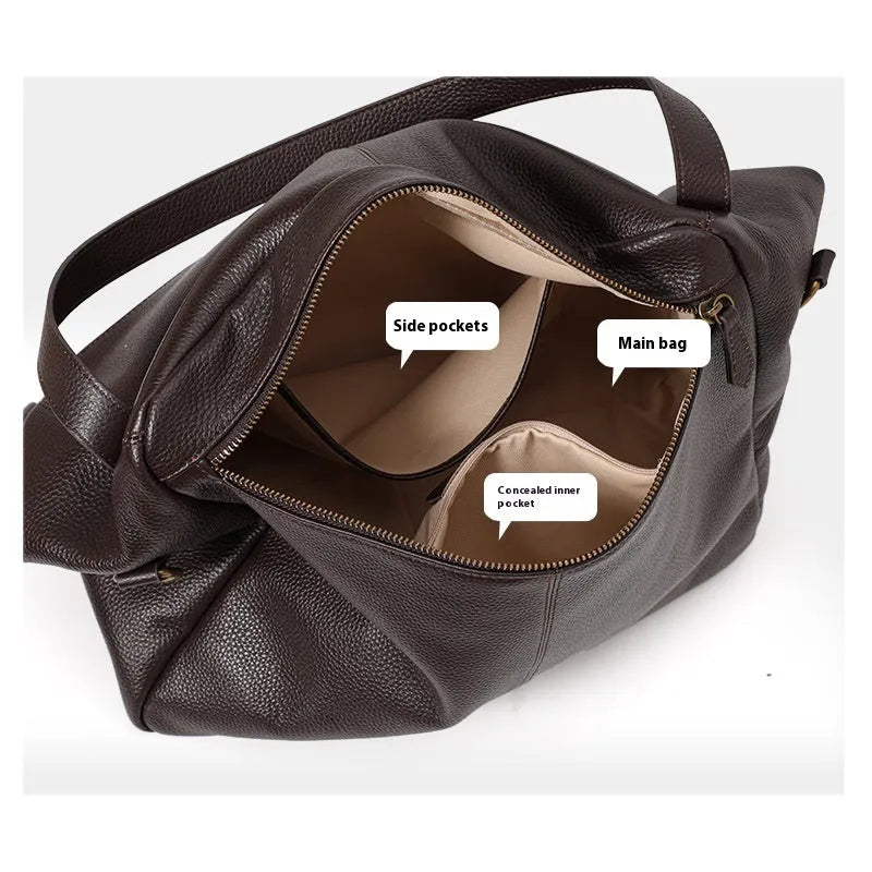 Brown genuine leather women's commuter shoulder bag with horizontal square shape