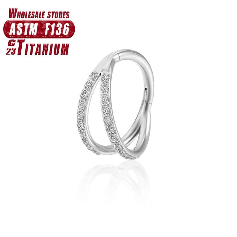 Titanium alloy fork nose ring for body piercing in silver, shown next to size options from 6mm to 12mm.