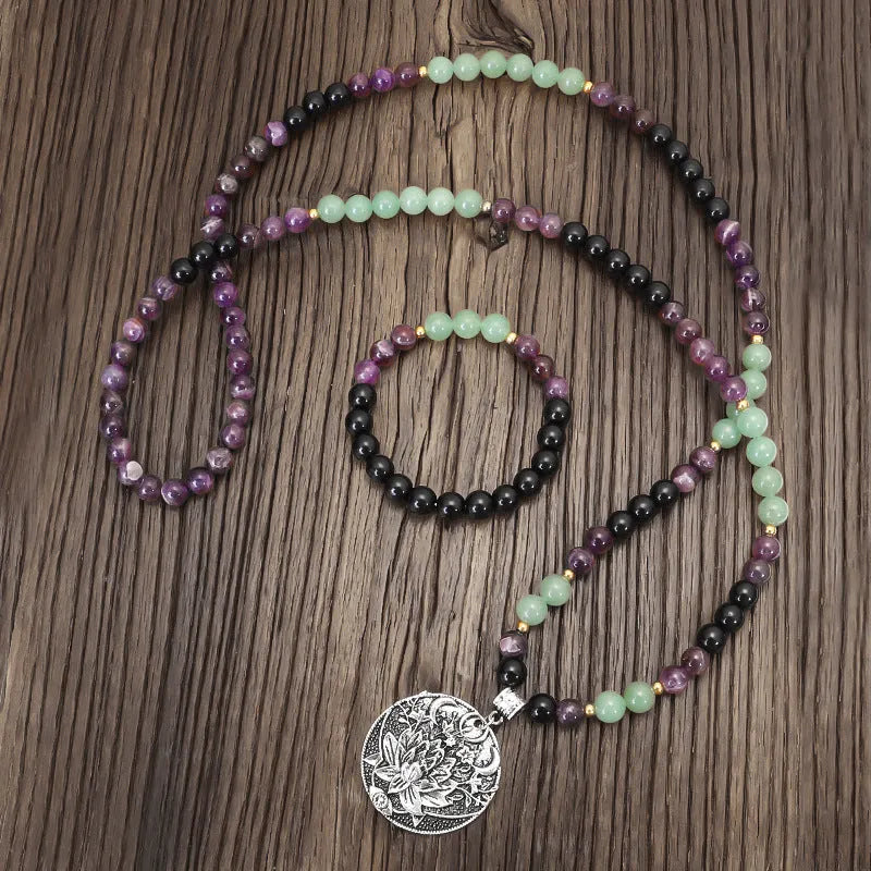 Donglong yoga lotus pendant necklace and bracelet set with stone beads
