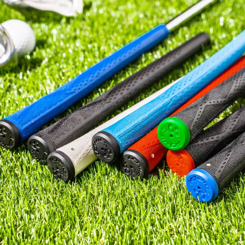 Single TPE material golf club grip shown in various colours including pink, red, blue, white, and black with red, green, or blue heads.