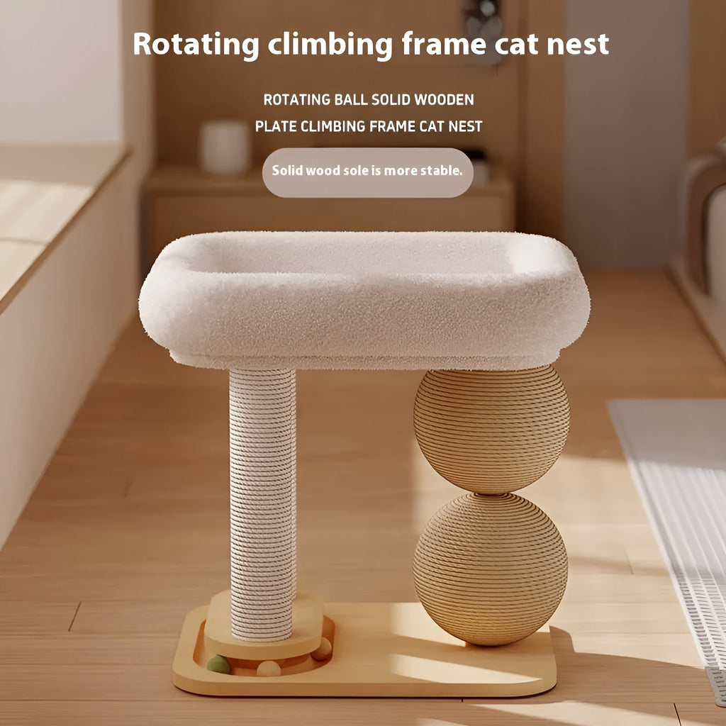 Pine wood cat nesting box with dual columns and chamfered ball design