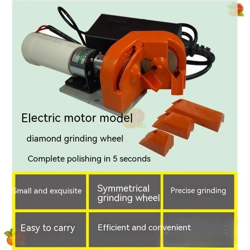 Portable grinding sander with orange and black replacement wheels for universal drill attachment