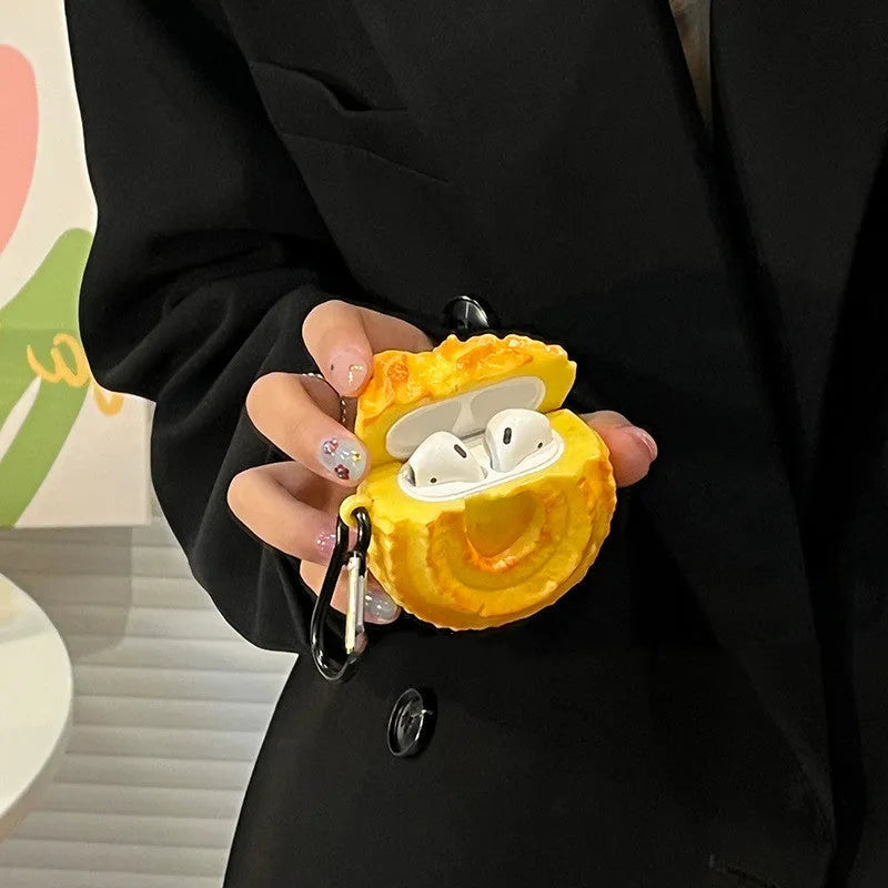 Yellow silicone AirPods case with butter cookie design, compatible with AirPods 1, 2, Pro, and 3.