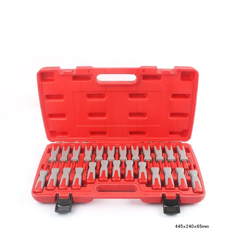 25-piece car terminal removal tool set with coloured keys in a black storage case for wire harness disassembly.