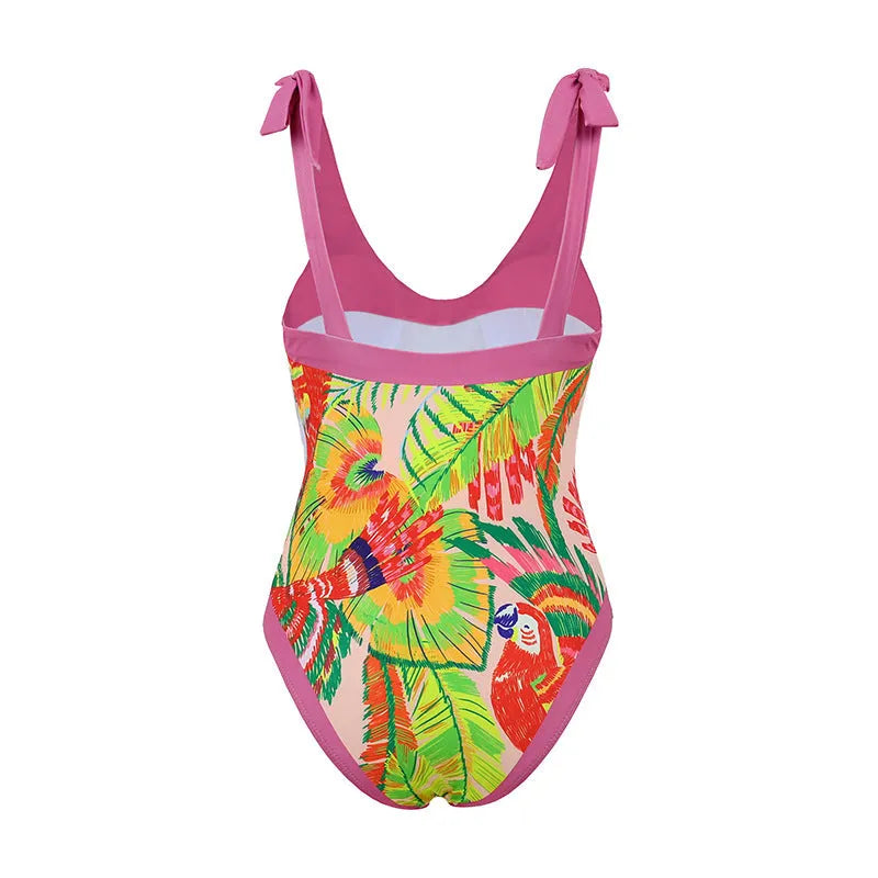 Women's pink floral print retro swimsuit with V-neck and matching skirt