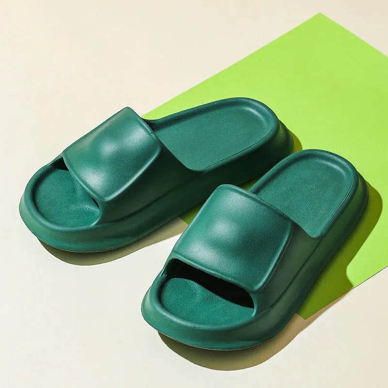 Thick-soled EVA flip-flop slippers in various colours on a white background.
