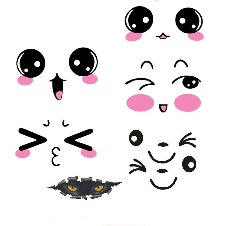 A pair of reflective cartoon car eye stickers on a vehicle body.