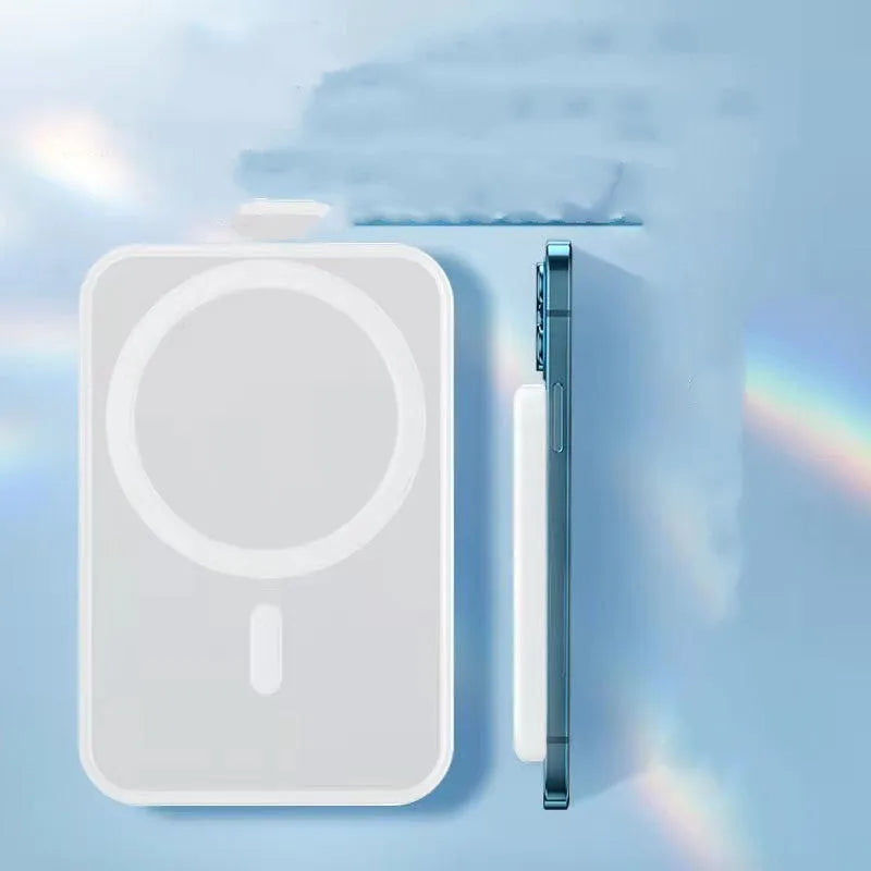 White magnetic wireless charger power bank with 5000mAh capacity showing compact PVC design