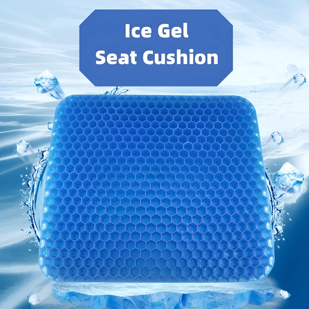 Double thick honeycomb gel seat cushion with removable cover for pressure relief and cooling.