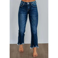 Women's solid colour denim jeans with a hand-worn finish in dark blue and light blue options.